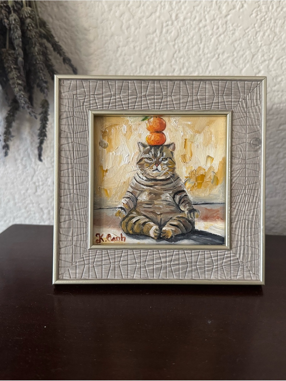 Original oil painting tabby cat doing yoga signed framed 4x4 inches - Picture 5 of 5